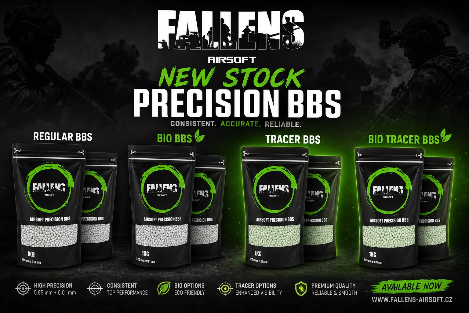 Nově naskladněné airsoftové BBs FALLENS AIRSOFT v normální, BIO, tracer a BIO tracer variantě