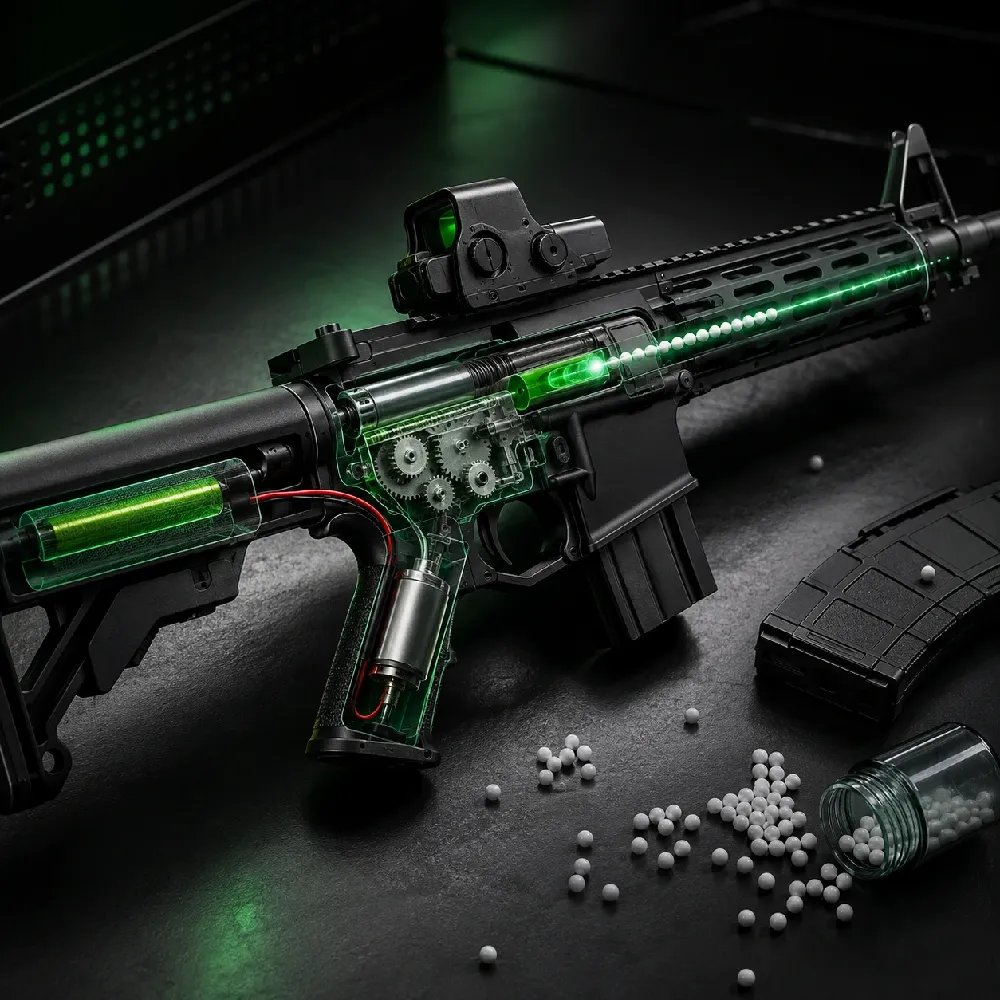 Elektrická airsoftová zbraň AEG s technickým průřezem mechanismu
