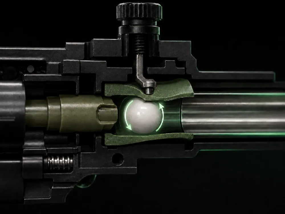 Řez airsoftovou hop-up komorou s BB, gumičkou, přítlakem a vnitřní hlavní