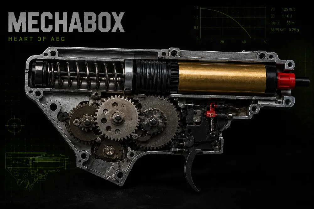 Technický řez AEG mechaboxem s převody, pístem, pružinou, válcem a tryskou