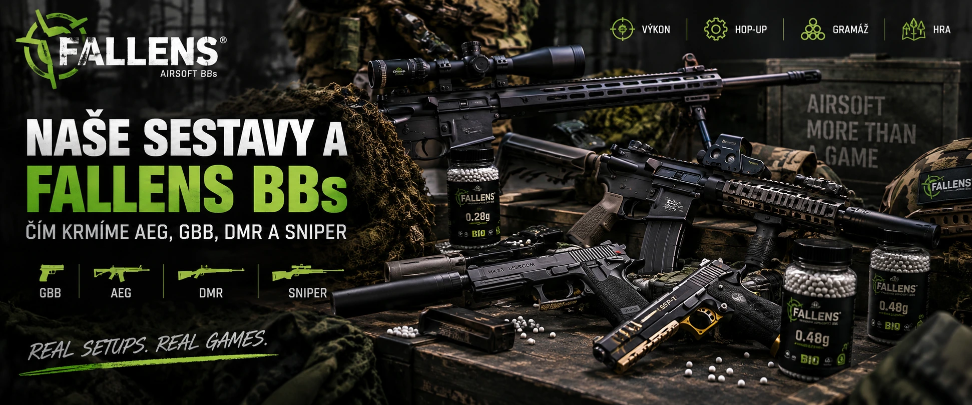 Naše airsoftové sestavy a FALLENS BBs – AEG, GBB, DMR a sniper