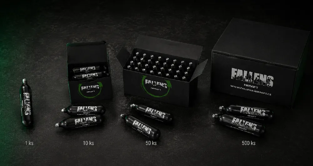 Přehled balení CO₂ bombiček FALLENS AIRSOFT 1× 10× 50× a 500×